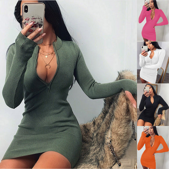 Damen Körperbetontes Strickkleid mit tiefem V-Ausschnitt und langen Ärmeln EB