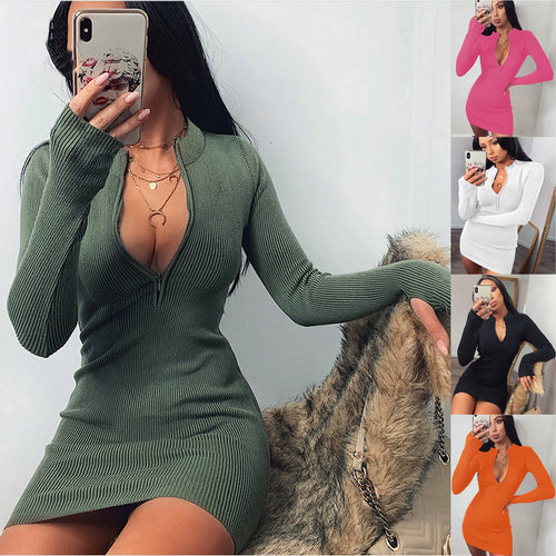Damen Körperbetontes Strickkleid mit tiefem V-Ausschnitt und langen Ärmeln EB