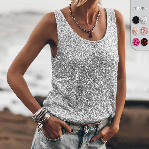 Damen Glitzerndes Top mit tiefem Rundhalsausschnitt und leichter A-Linie EB