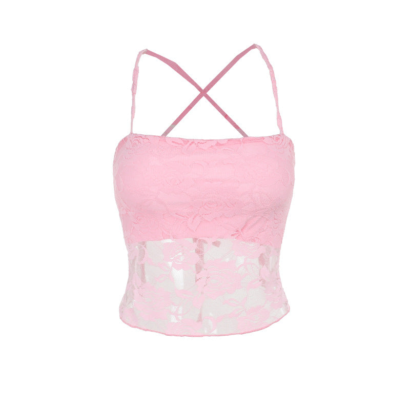 Damen Spitzen-Crop-Top mit verstellbaren Spaghetti-Trägern und floralem Muster EB
