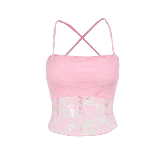 Damen Spitzen-Crop-Top mit verstellbaren Spaghetti-Trägern und floralem Muster EB
