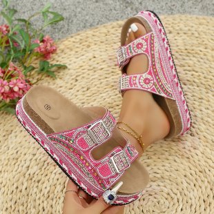 Damen Riemchen-Sandalen mit funkelnden Perlen und verstellbaren Schnallen EB