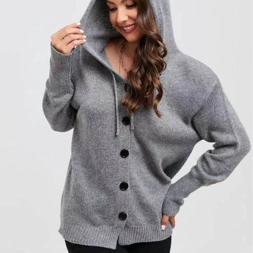 Damen lässige Strickjacke mit Kapuze und Knopfverschluss EB
