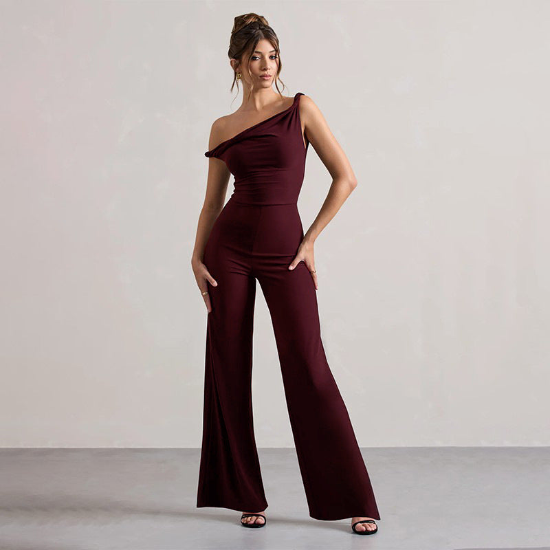 Damen schulterfreier Jumpsuit mit weitem Bein und elastischem Oberteil EB