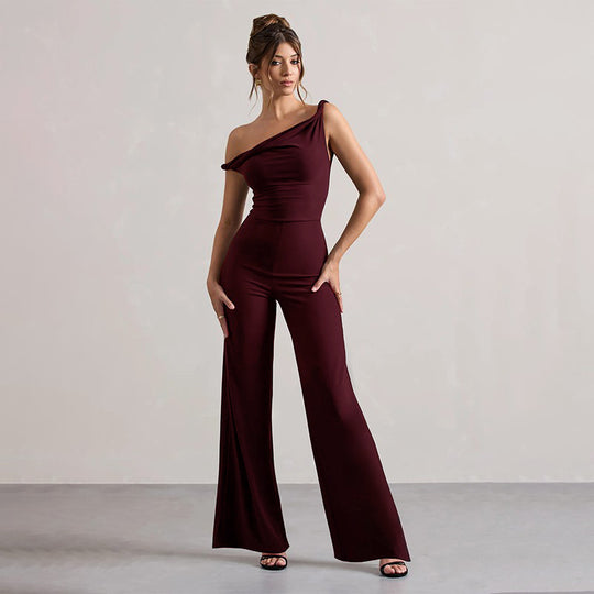 Damen schulterfreier Jumpsuit mit weitem Bein und elastischem Oberteil EB