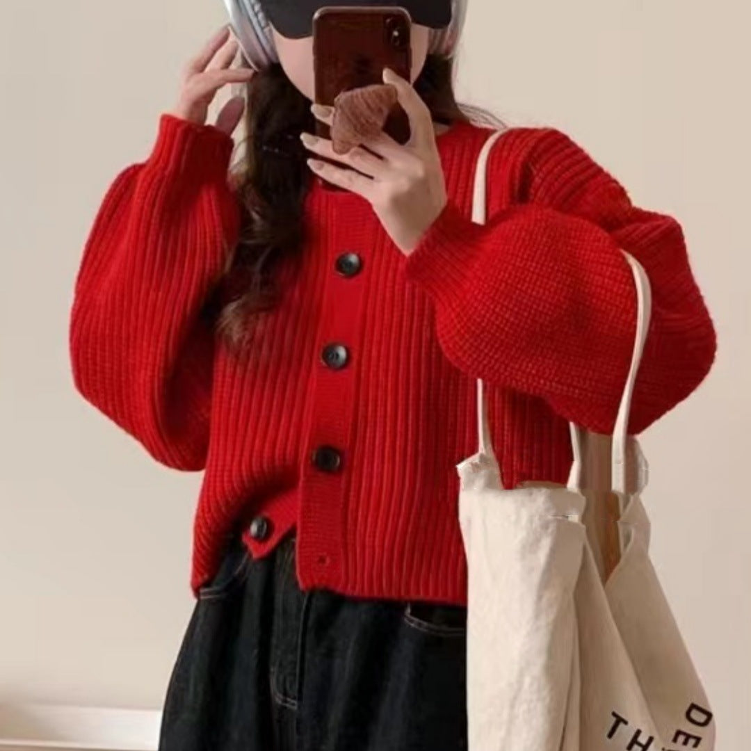 Damen modische Strickjacke mit knöpfbarem Design und balloonärmeln EB