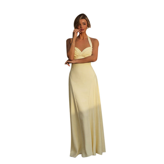 Damen elegantes Maxikleid mit Halter-Ausschnitt und fließendem Satin-Stoff EB