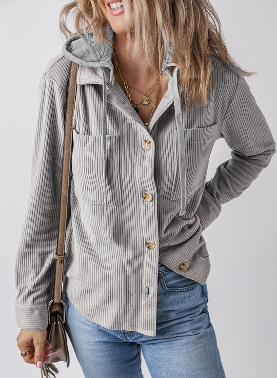 Damen lässige Oversized-Hemdjacke mit Kapuze und strukturiertem Stoff EB