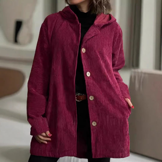 Damen Kapuzenjacke aus Rippstoff mit Holzknöpfen und Freizeit-Schnitt EB