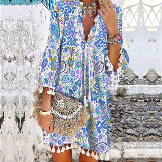 Damen Tunika-Kleid mit kreativem Print und Taschendetails EB