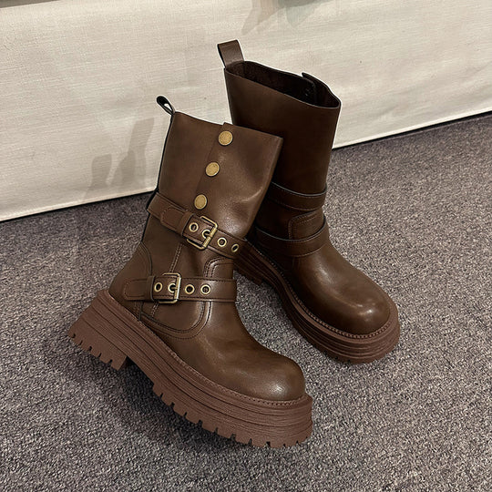 Damen Stiefeletten mit modischen Schnallen und robuster Plateausohle EB