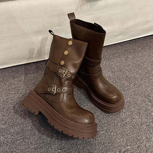 Damen Stiefeletten mit modischen Schnallen und robuster Plateausohle EB