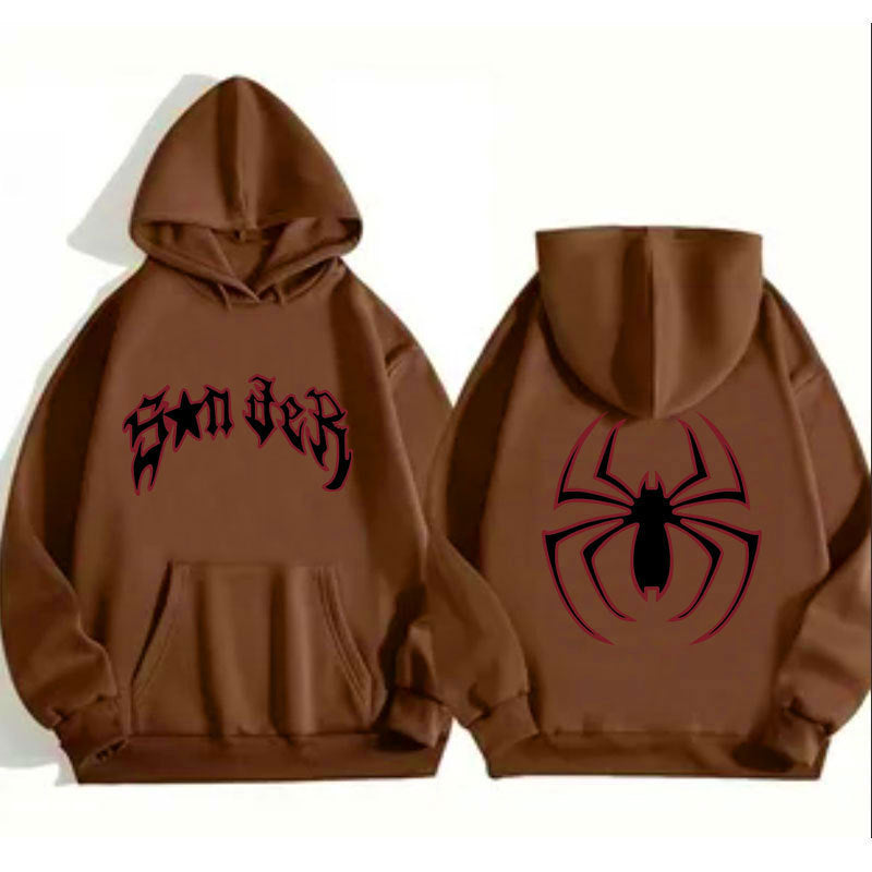Damen Kapuzenpullover mit auffälligem Spinnenmotiv und grobem Schriftzug EB