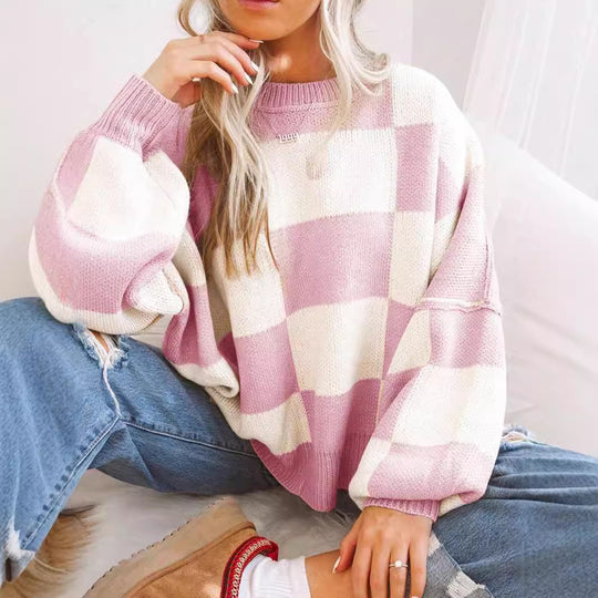 Damen modischer Pullover mit Karomuster und weitem Schnitt EB