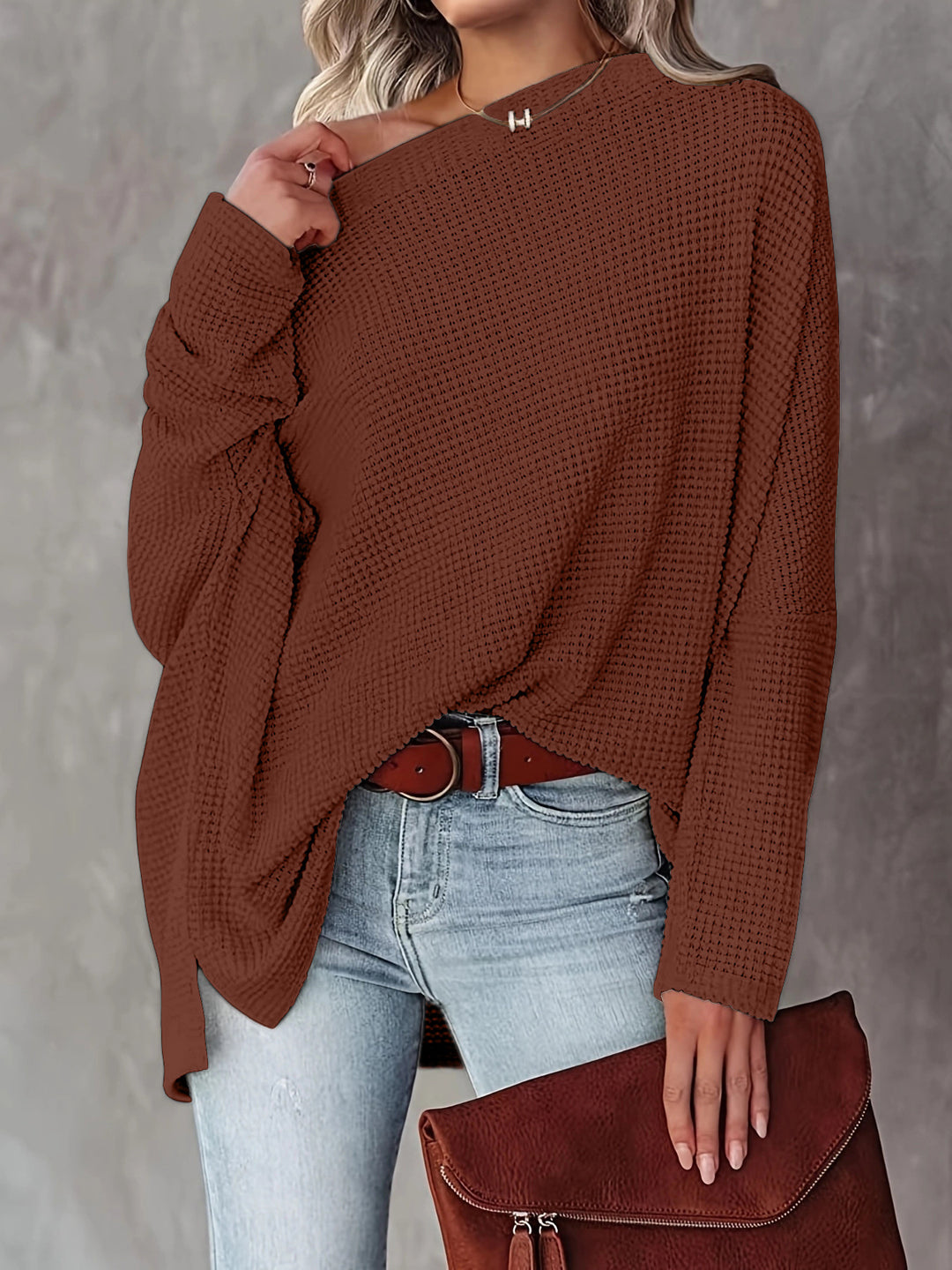 Damen lässiger Off-Shoulder Pullover im Strukturdesign EB