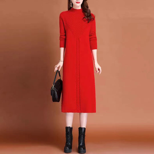 Damen Strickmaxikleid mit hohem Kragen und eleganten Zopfdetails EB