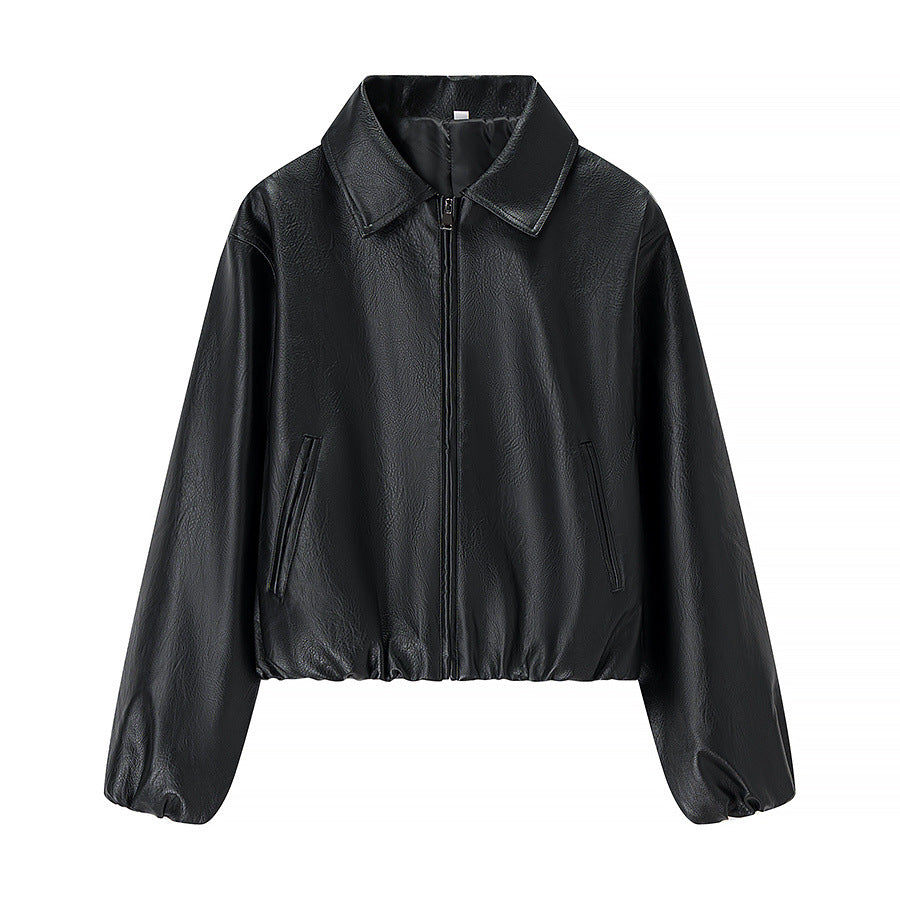 Damen nan kurze Glanz-Kunstlederjacke mit Hemdkragen, verdecktem Reißverschluss und elastischem Bund EB