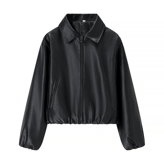 Damen nan kurze Glanz-Kunstlederjacke mit Hemdkragen, verdecktem Reißverschluss und elastischem Bund EB