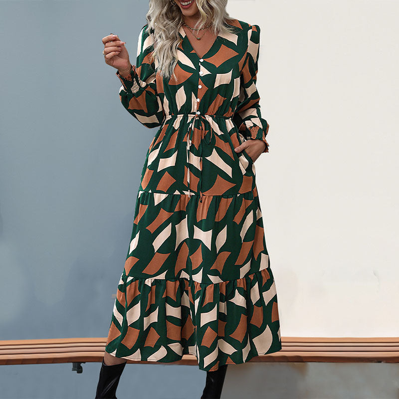 Damen Maxikleid mit dekorativem Bindegürtel und voluminösen Ärmeln EB