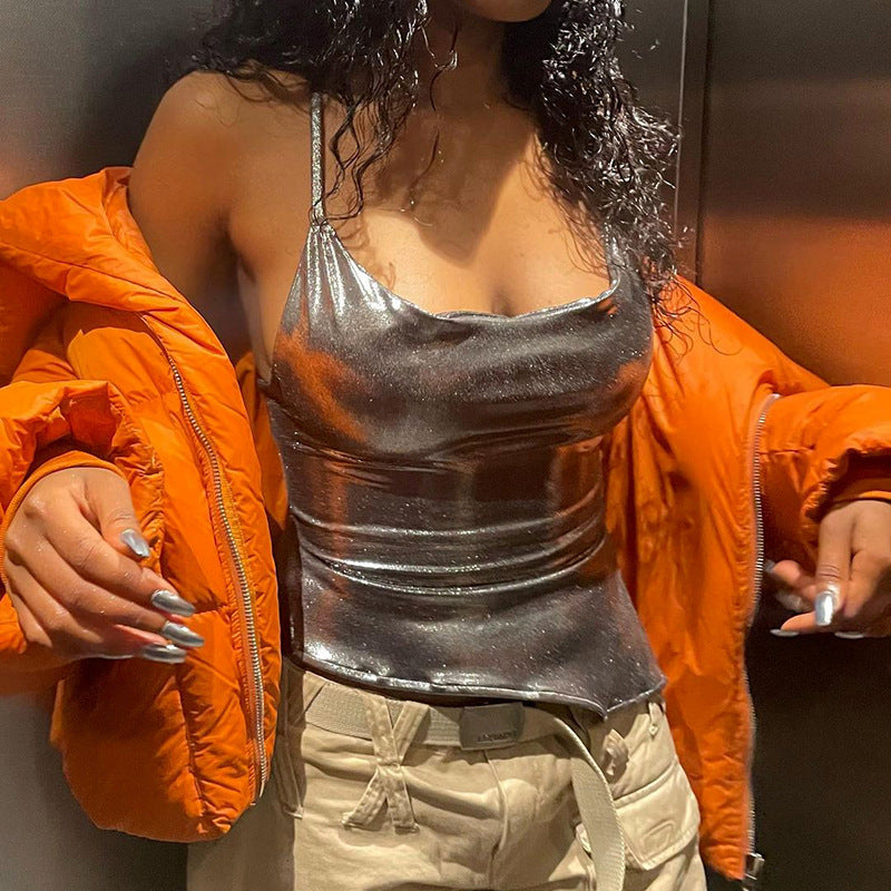 Damen glänzendes Satin-Top mit schmalen Spaghettiträgern EB