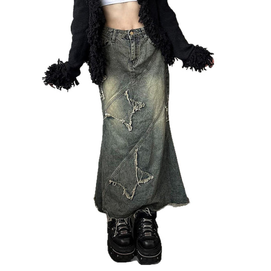 Damen nan vintage Denim-Maxirock mit ausgefransten Patches und diagonalen Ziernähten EB