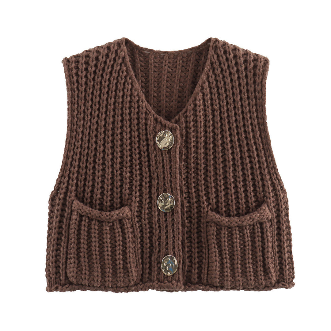 Damen Grobgestrickte Cropped Weste mit V-Ausschnitt und goldenen Zierknöpfen EB