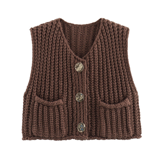 Damen Grobgestrickte Cropped Weste mit V-Ausschnitt und goldenen Zierknöpfen EB