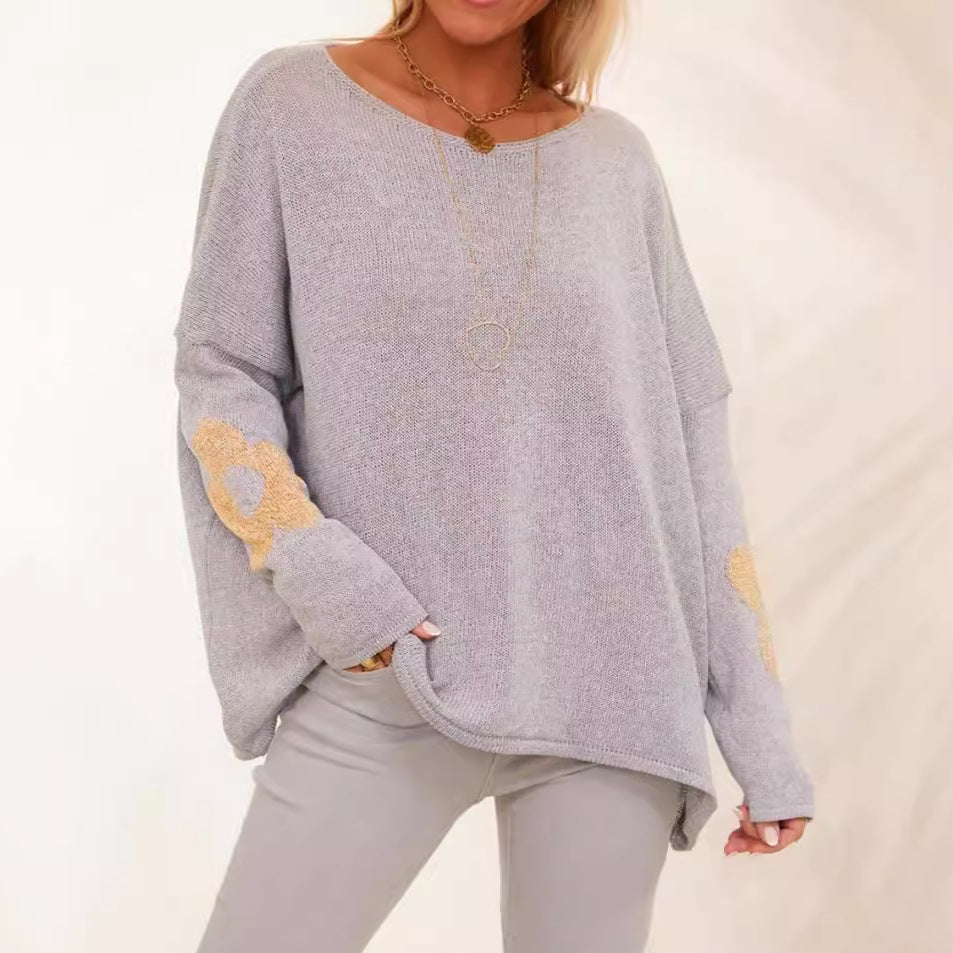 Damen grob gestrickter Pullover mit floralem Design und weitem Schnitt EB