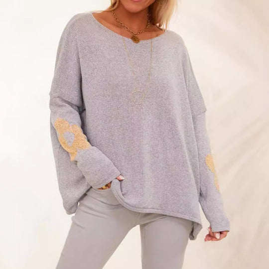 Damen grob gestrickter Pullover mit floralem Design und weitem Schnitt EB