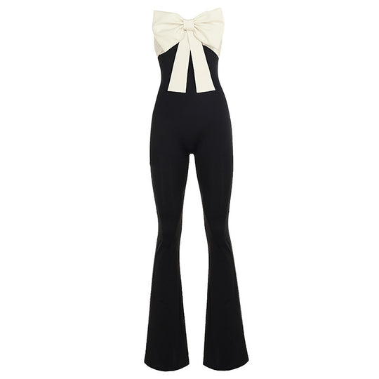 Damen eleganter Jumpsuit mit Schleifen-Akzenten und weiten Beinen EB