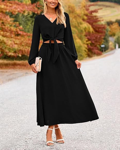 Damen Binde-Kleid mit langen Ärmeln und Rundhalsausschnitt EB