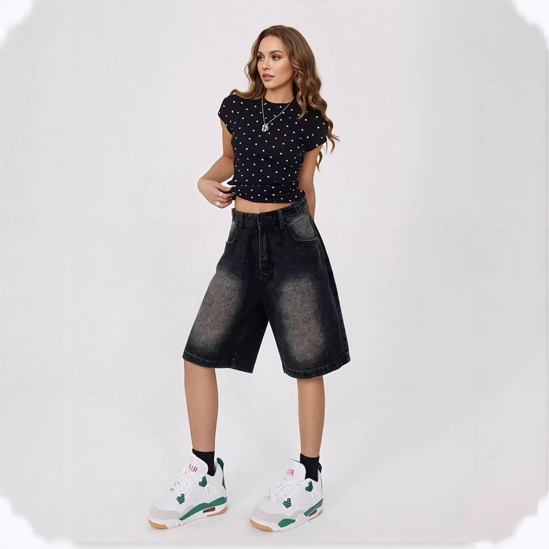 Damen lässige Denim-Shorts mit hohem Bund und weitem Schnitt EB
