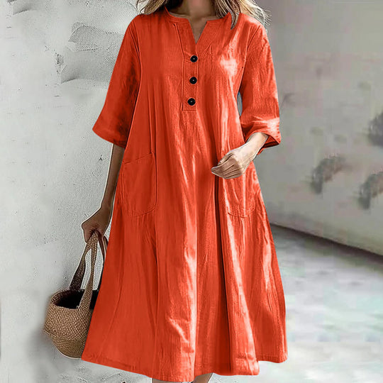 Damen nan locker fallendes A-Linien Kleid mit V-Ausschnitt-Knopfleiste, 3/4-Ärmeln und aufgesetzten Eingrifftaschen EB