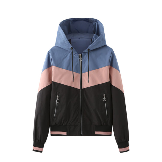 Damen nan leichte Windbreaker-Jacke mit Kapuze, Blockpaneel-Design, Reißverschlusstaschen und elastischem Saum EB