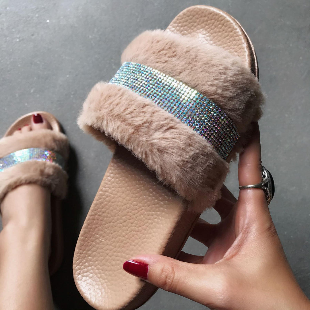 Damen Flauscher Slides mit Strass-Applikation EB