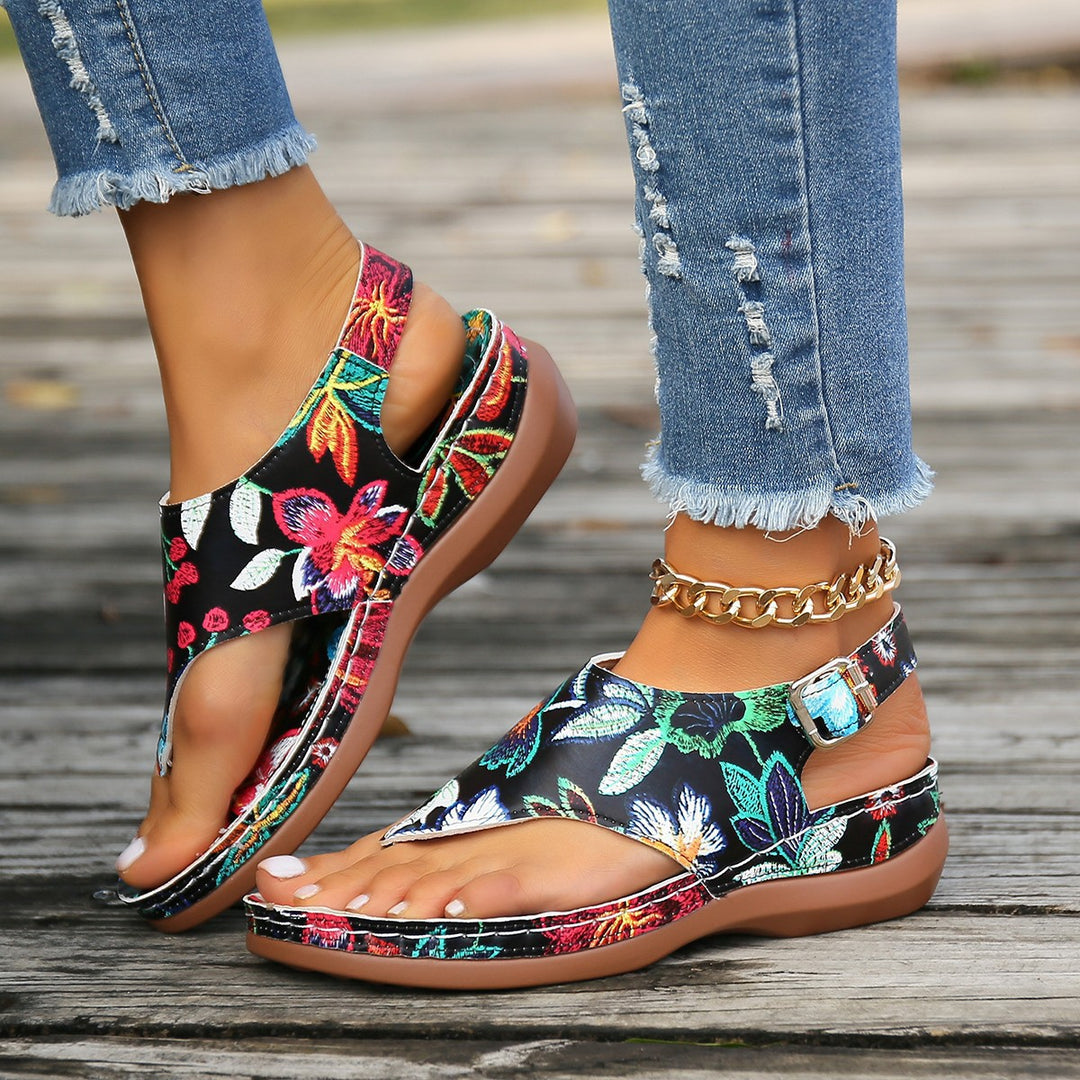 Damen Riemchen-Sandalen mit floralen Mustern und anatomischer Fußbettgestaltung EB