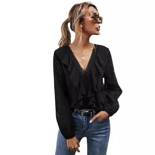 Damen Rüschenbluse mit transparenten Ärmeln und feinen Spitzenakzenten EB