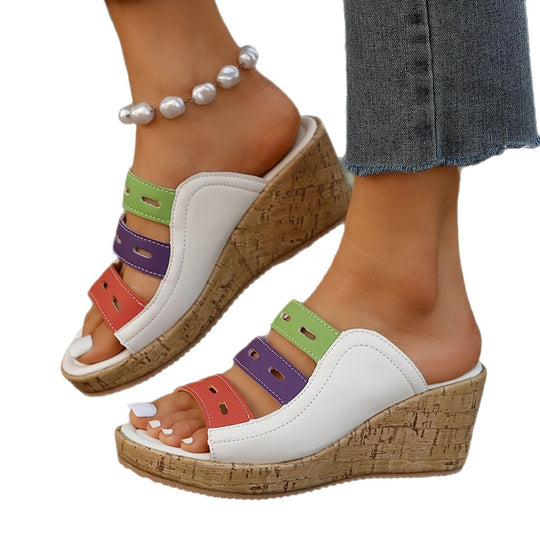 Damen Wedge-Pantoletten mit buntem Riemendesign und Korksohle EB