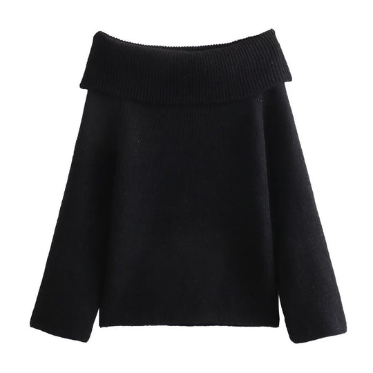 Damen nan oversize schulterfreier Strickpullover mit breitem Umschlagkragen und Rippstruktur EB