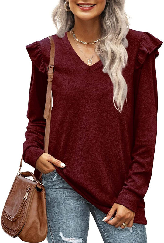 Damen V-Ausschnitt Langarmshirt mit Rüschendetails und lockerem Schnitt EB
