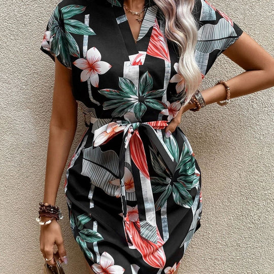Damen lässiges Kurzarmkleid mit Bindegürtel und floralem Muster EB