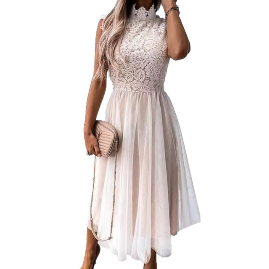 Damen Elegantes Spitzenkleid mit transparentem Rock und hohem Kragen EB