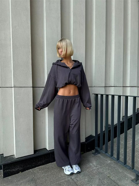 Damen cropped Kapuzenzipper mit Ballonärmeln und elastischem Saum EB