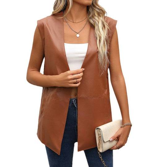 Damen Modischer Long-Style Weste aus Kunstleder EB