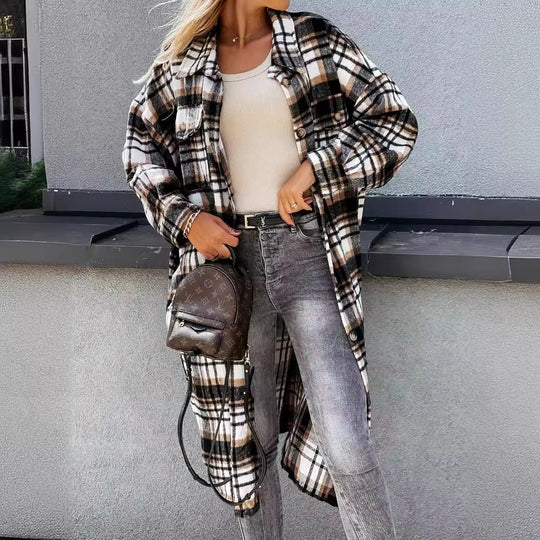 Damen Karierter Hemdblusenmantel aus weichem Baumwollmix EB