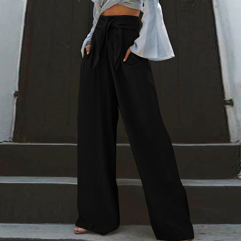 Damen nan weite High-Waist Leinenhose mit Bindegürtel und Eingrifftaschen EB