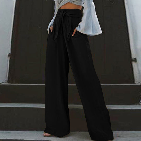 Damen nan weite High-Waist Leinenhose mit Bindegürtel und Eingrifftaschen EB