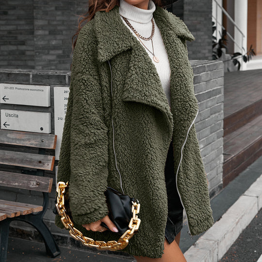 Damen kuschelige Teddyjacke mit asymmetrischem Revers und praktischen Taschen EB