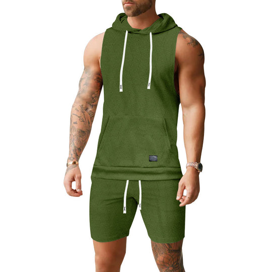 Herren nan ärmelloses Kapuzenweste-Set aus strukturiertem Baumwollmix mit Kängurutasche und Tunnelzug-Shorts EB