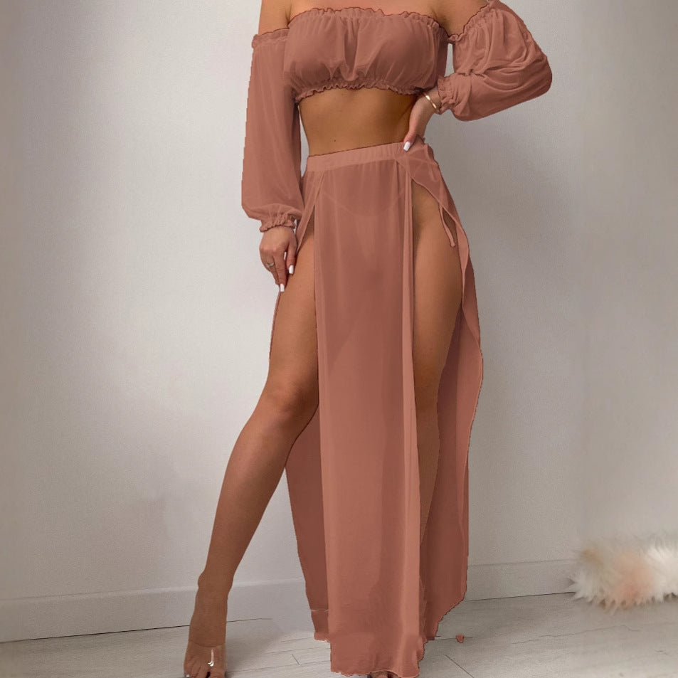 Damen Elegantes Strandkleid mit schulterfreiem Design und tiefen Seitenschlitzen EB